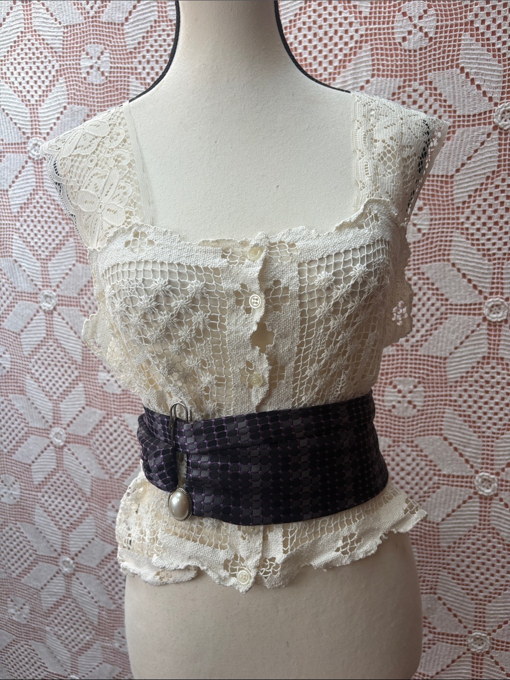 Upcycled Purple Tie Belt with Pearl Brooch